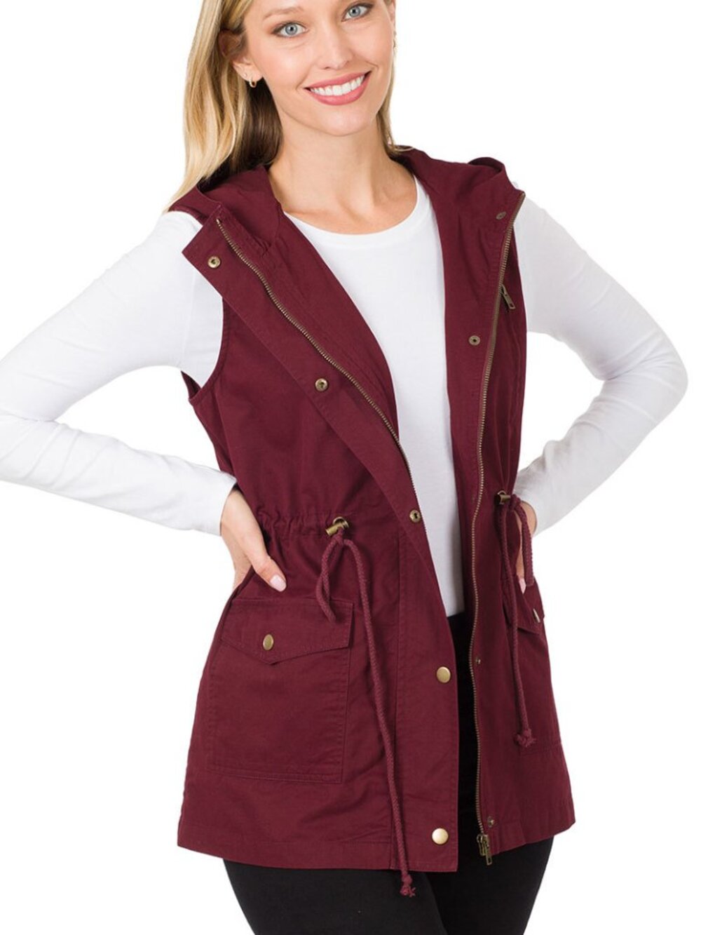 Loose fit drawstring waist military hoodie vest